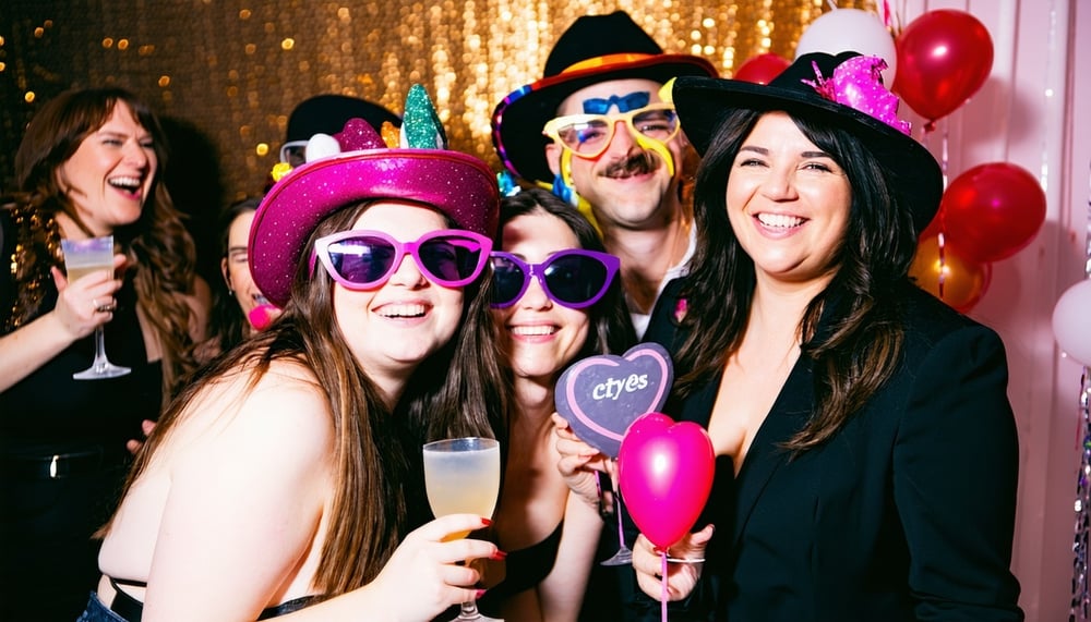 Guests enjoying a photo booth at an event Guests enjoying a photo booth at an event