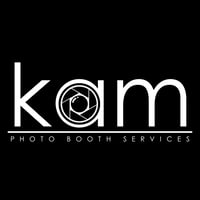white lettered logo of the letters K, A, and M in lowercase letters atop the words "photo booth services"